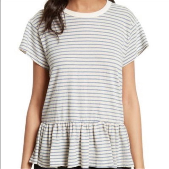 The Great. Ruffle Stripe Peplum Short Sleeve Top - Picture 2 of 10
